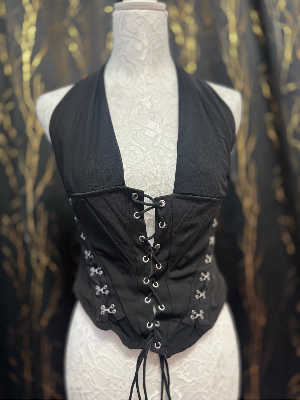 Black Lace-Up Halter Corset Camisole